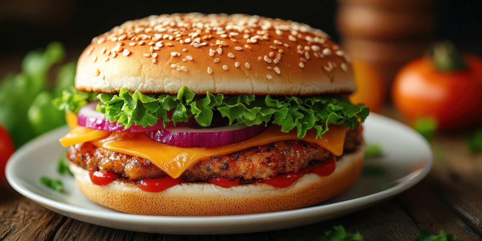 Juicy grilled chicken burger with fresh toppings and sesame bun on a plate